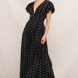 V-Neck Ruffle Sleeve Polka Dot Maxi Dress - Black/Ivory