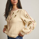 Embroidered Blossom Knit Sweater- Cream Combo