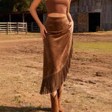 Western Fringe Hem Irregular Suede Skirt - Brown