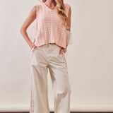Floral Embroidered Cropped Wide-leg Pants - Cream