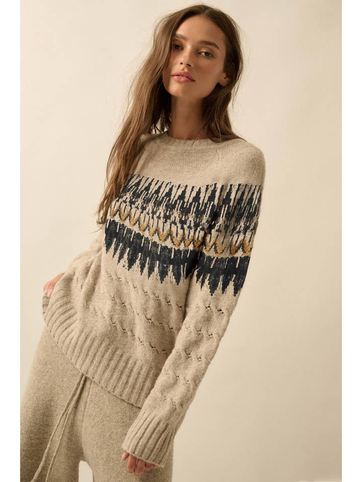 Cable Knit Fair Isle Raglan-Sleeve Sweater - Oatmeal