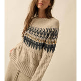 Cable Knit Fair Isle Raglan-Sleeve Sweater - Oatmeal