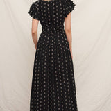 V-Neck Ruffle Sleeve Polka Dot Maxi Dress - Black/Ivory