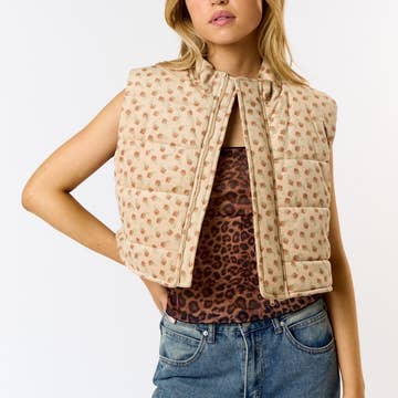 Ditsy Floral Corduroy Puffer Vest - Taupe