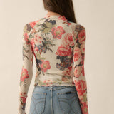 Floral-Print Mesh Mock-Neck Thumbhole Top