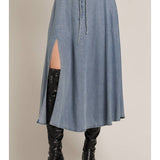 Elastic Waistband Denim Midi Skirt with Side Slit Denim