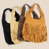 Layered Fringe Detail Suede Hobo Bag - Light Brown
