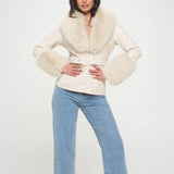 Prestige Vegan Fur-Trimmed Belted Blazer - Cream