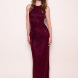 Rhinestone Mesh Maxi Dress - Burgundy