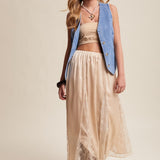 Lace Inset Midi Skirt - Cream