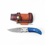 Pocket Knife Dyed Blue Bone 6.5'' Damascus Steel