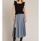 Elastic Waistband Denim Midi Skirt with Side Slit Denim
