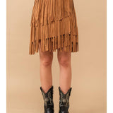 Western Fringe Suede Mini Skirt - Tan