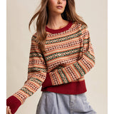 Fair Isle Knit Sweater - Burgundy Combo