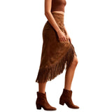 Western Fringe Hem Irregular Suede Skirt - Brown