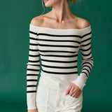 Bella Off The Shoulder Striped Knit Top - White