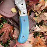 Damascus Steel Gut Hook Folding Knife with Dyed Bone