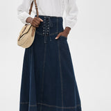 Lace-Up Denim Midi Skirt - Dark Wash