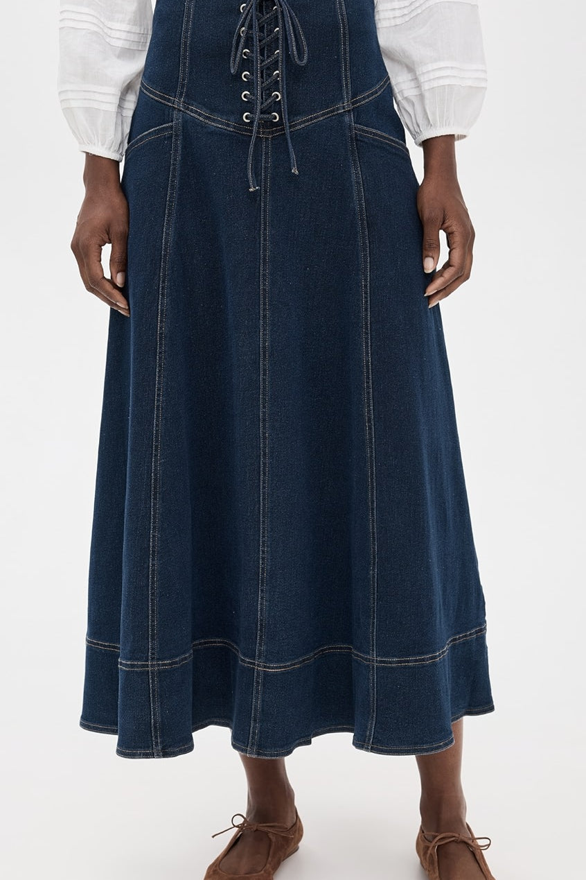 Lace-Up Denim Midi Skirt - Dark Wash