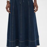 Lace-Up Denim Midi Skirt - Dark Wash