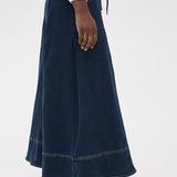 Lace-Up Denim Midi Skirt - Dark Wash