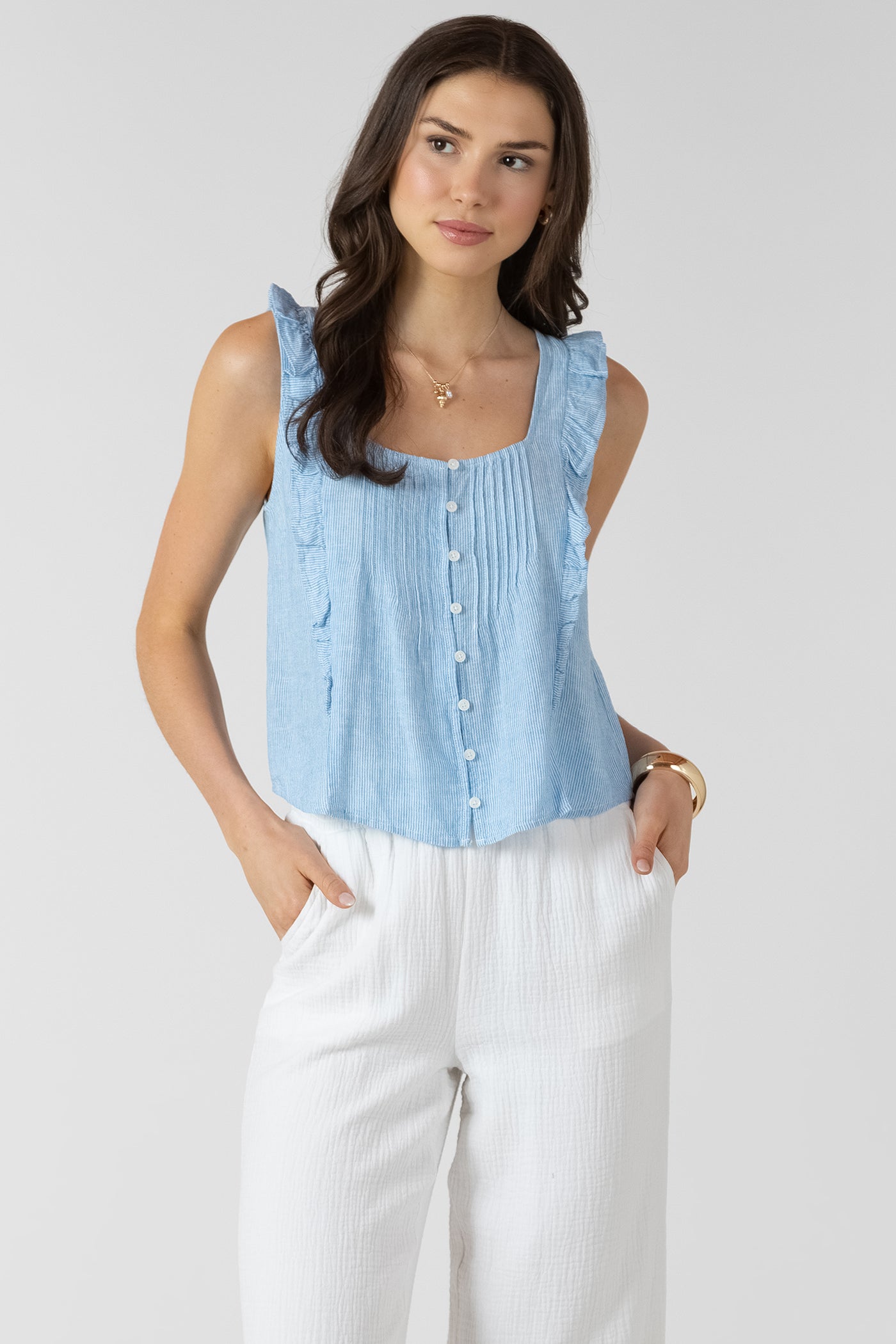 PINTUCK RUFFLE DETAIL TANK - Mini Blue Stripe