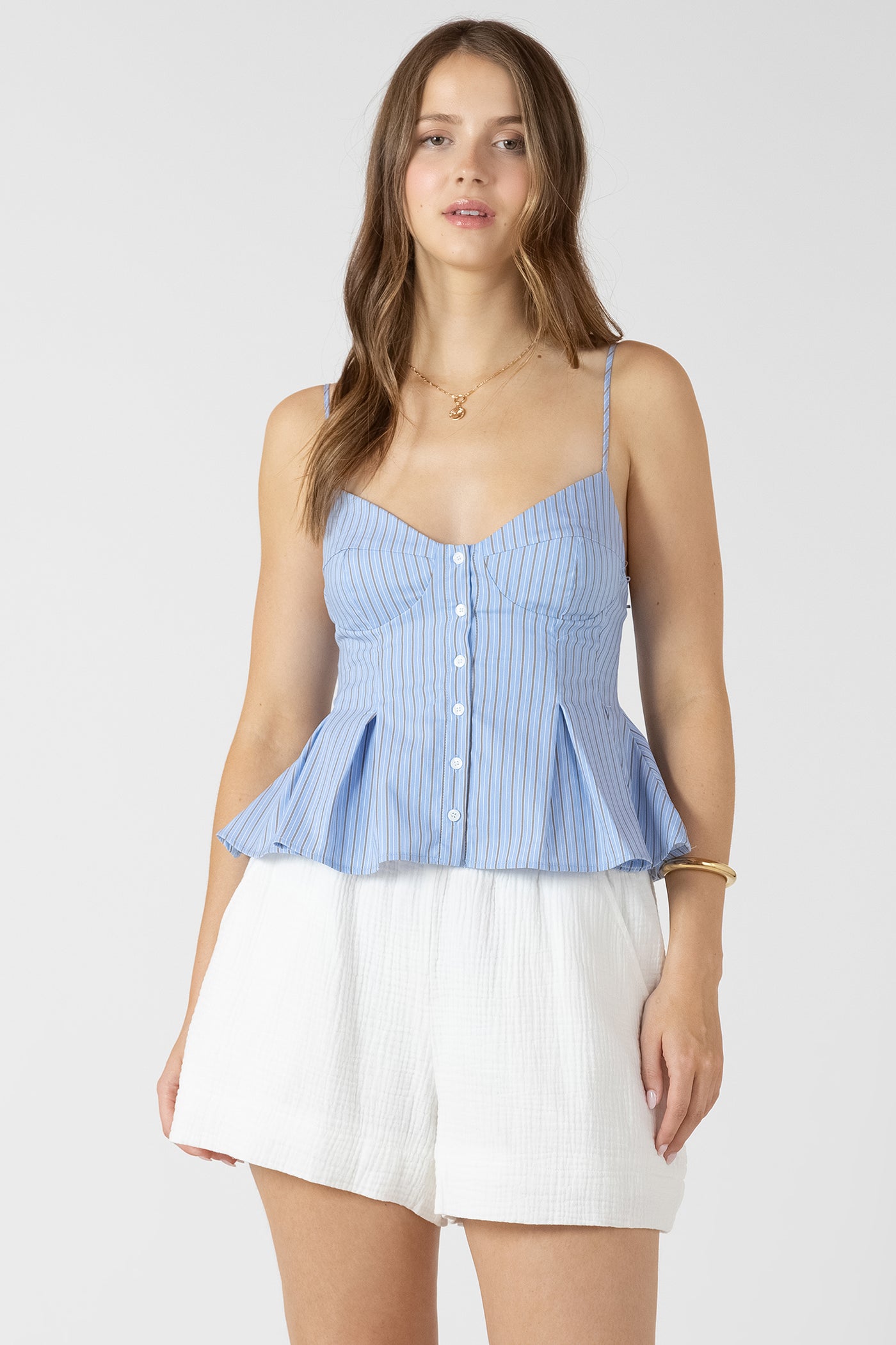 PLEATED BUTTON FRONT CAMI - Mini Blue Stripe
