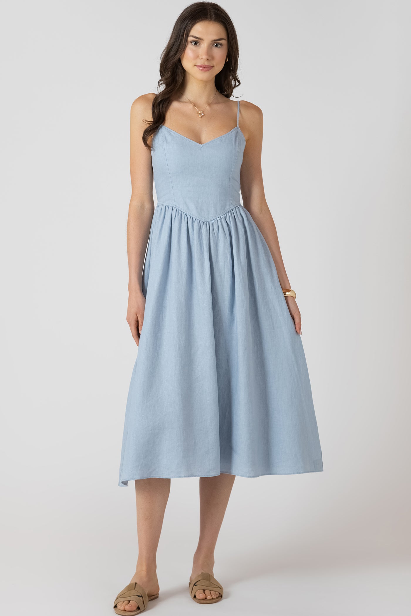 V WAIST MAXI DRESS- Light Denim Blue