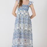 Cutout Embroidered Dress - Cream and Blue Embroidery