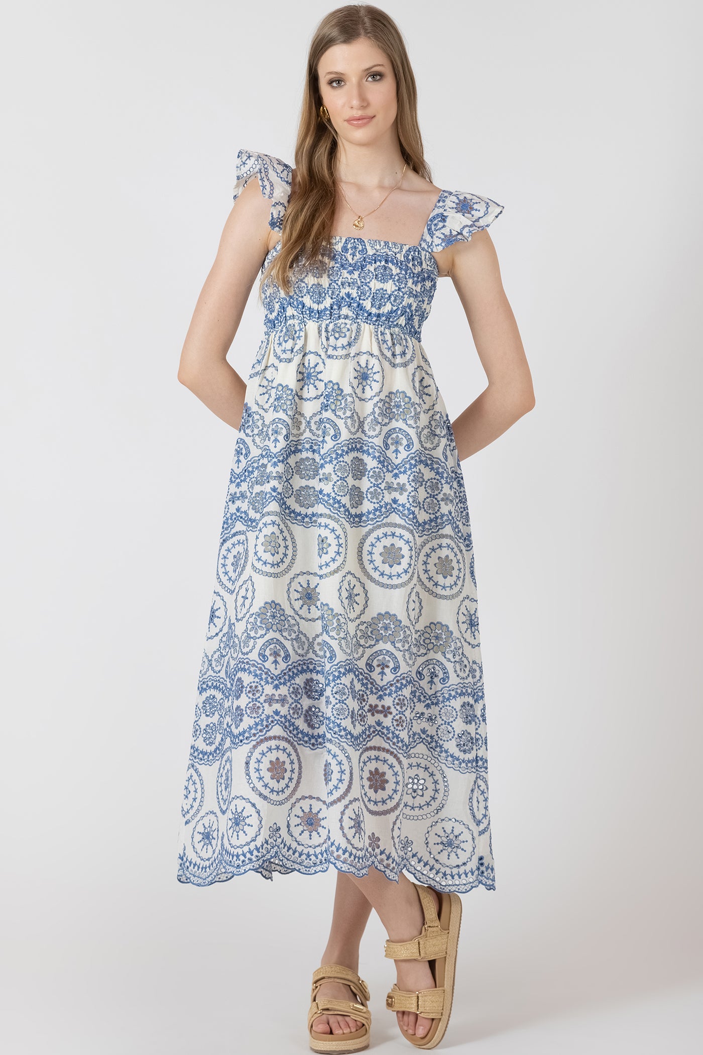 Cutout Embroidered Dress - Cream and Blue Embroidery