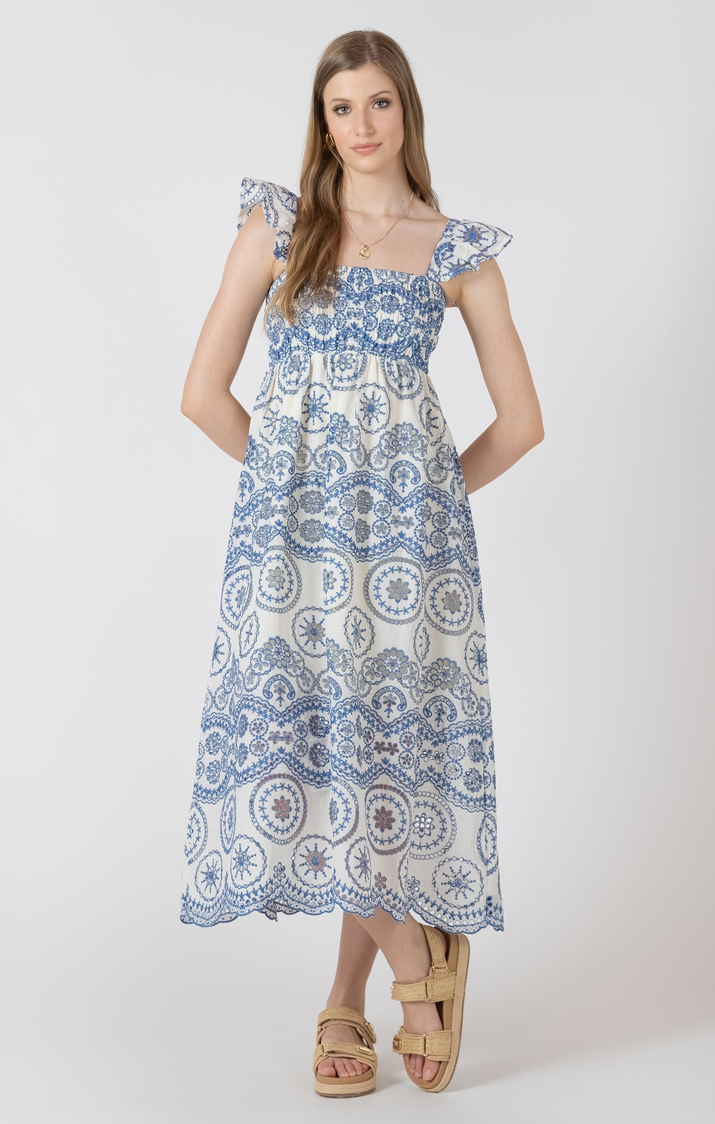 Cutout Embroidered Dress - Cream and Blue Embroidery