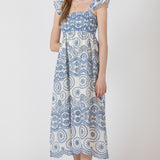 Cutout Embroidered Dress - Cream and Blue Embroidery