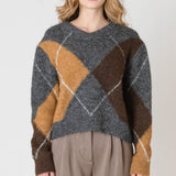 V - Neck Patterned Sweater - Grey Argyle