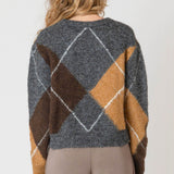 V - Neck Patterned Sweater - Grey Argyle