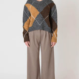 V - Neck Patterned Sweater - Grey Argyle