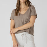 Waffle Knit V-neck Top - Smoked Heather