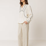 Notch Neck Long Sleeve Cotton Gauze Blouse - Ivory