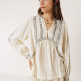 Notch Neck Long Sleeve Cotton Gauze Blouse - Ivory